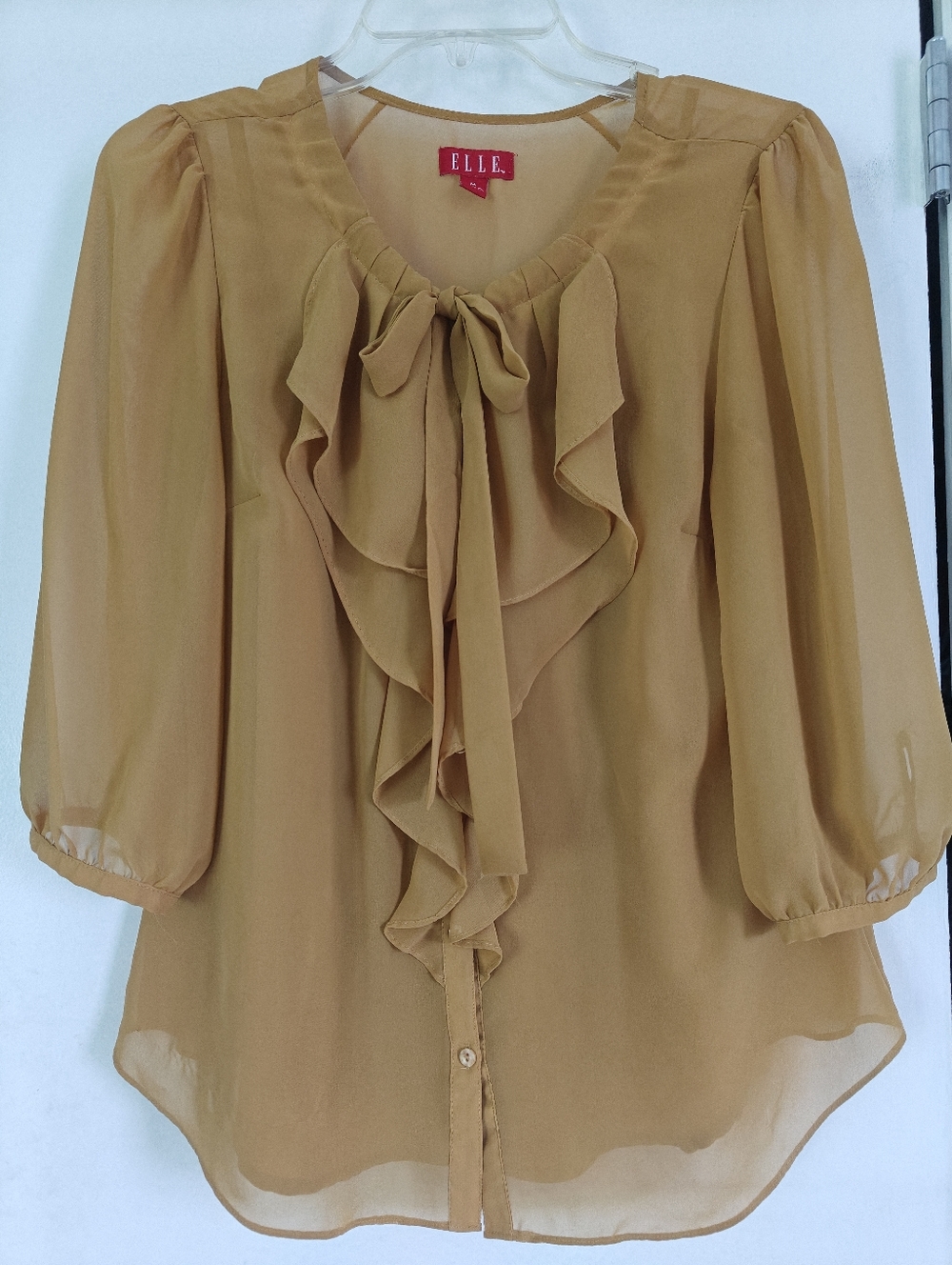 ELLE Mustard Ruffle Tie-Neck Blouse